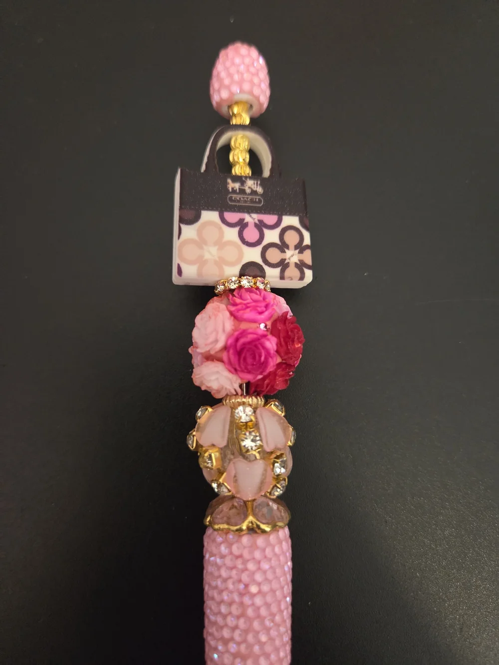 Coach Inspired Pink Crystal Floral Charm Pen with Gold Accents